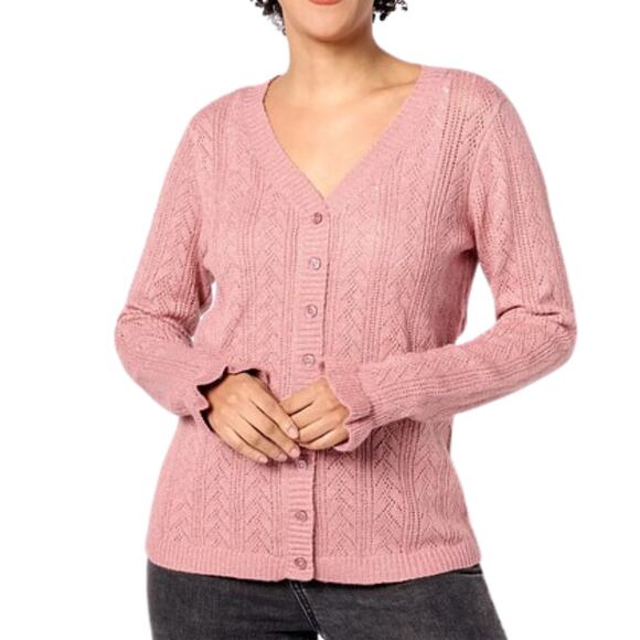 Denim & Co. Pointelle Button Front V Neck in Blush NWT Size Medium - Picture 1 of 3
